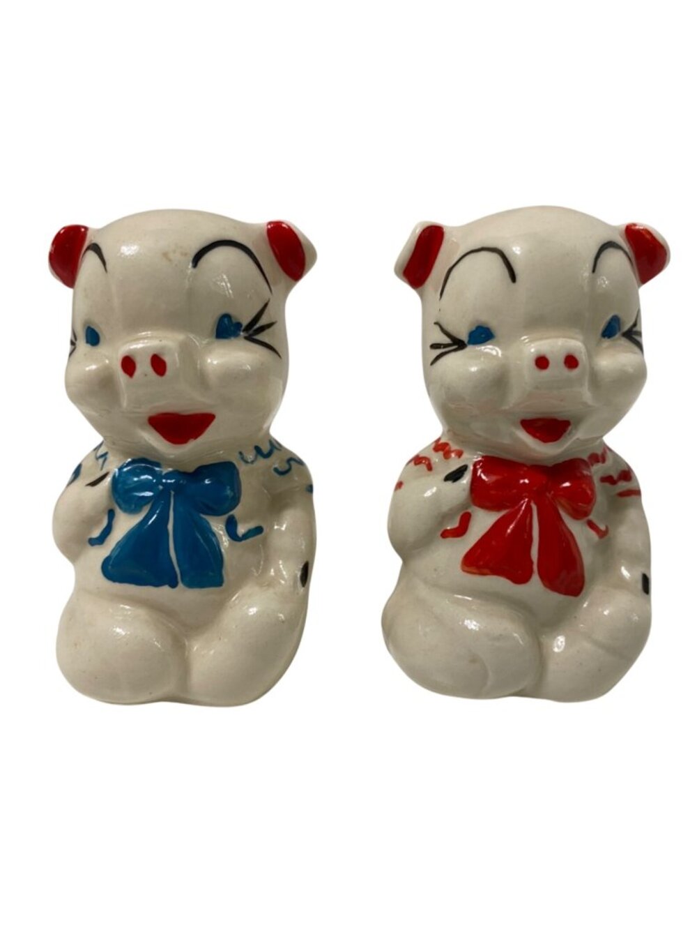 Vintage Shawnee Pig Salt & Pepper Shakers Set Blue & Red Bow Ceramic